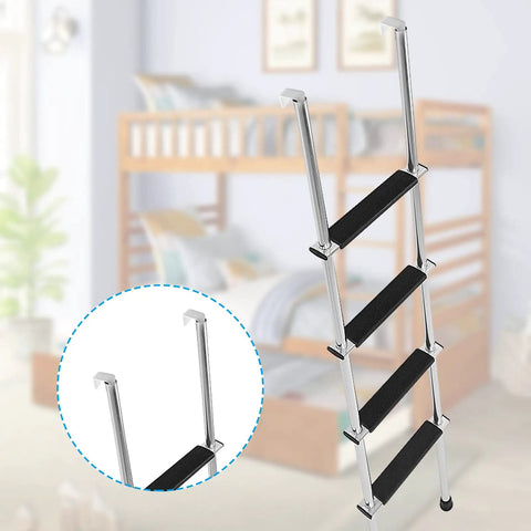 Heavy Duty Bunk Bed Ladder J Hooks, Rock Solid White Iron Brackets, side view of four-step ladder with rubber grips.