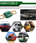 Heavy Duty 40 Amp Bolt On Automotive Fuses Copper Clad high current fuse with green resin and copper terminals, ideal for RVs and trucks.