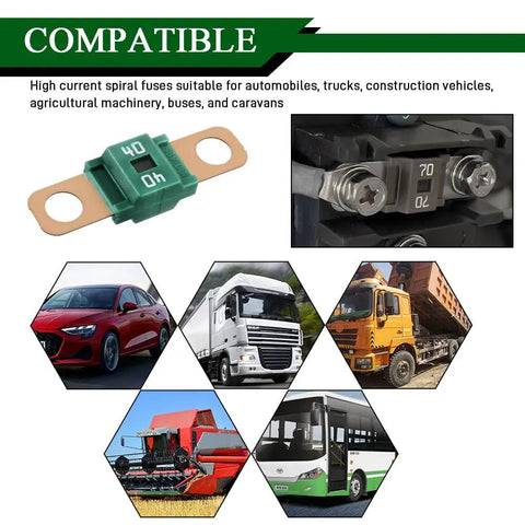Heavy Duty 40 Amp Bolt On Automotive Fuses Copper Clad high current fuse with green resin and copper terminals, ideal for RVs and trucks.