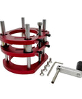 Rock Solid Router Lift Kit With Precision Micro Adjustment For 65Mm Electric Motors Heavy Duty Aluminum Mount Base showing red aluminum base with stainless rods and adjustment tool.