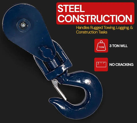 Heavy Duty Snatch Block With Hook, 3 Ton Working Load Limit, Three Inch Sheave, Three Eighths Inch Wire Rope, Wrecker Roll Back Recovery Gear, Steel Construction, Blue Powder Coat Finish in blue steel with hook