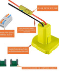 Battery Adapter Conversion Kit with wire terminals and yellow ABS base for ride-on trucks, RC cars, with in-line switch and fuse.