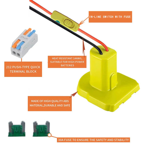 Battery Adapter Conversion Kit with wire terminals and yellow ABS base for ride-on trucks, RC cars, with in-line switch and fuse.