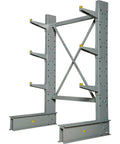 Heavy Duty Cantilever Rack Starter Packs Single Sided Frame And Two Inch Lip For Drop Dead Simple Industrial Pipe Stacking And Sweet Workspace Organization At Forty Eight By Thirty Three By Seventy Two Inches In Gray, side view.