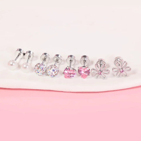 Hypoallergenic Surgical Steel Earrings for Girls and Toddlers with Screw Back Flat Posts Nickel Free and Safe for Sensitive Ears Kid Friendly Mixed 14K Gold and Silver Stud Set Featuring Heart Flower Pearl Star Shapes, 4-pack