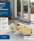 Heavy Duty Steel Ball Bearing Sliding Door Roller Assembly For Patio Glass Tracks 1 1/2 Inch shown on floor for sliding door installation.