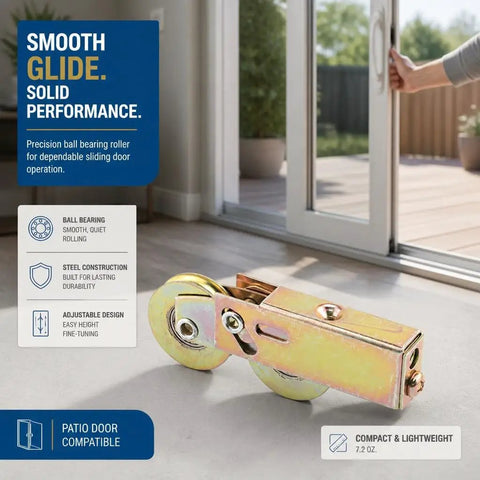 Heavy Duty Steel Ball Bearing Sliding Door Roller Assembly For Patio Glass Tracks 1 1/2 Inch shown on floor for sliding door installation.