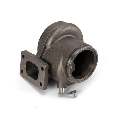 Universal Street Ready Turbocharger With Billet Wheel And Dual Ceramic Bearings, side view of metal housing and flange in gray finish.