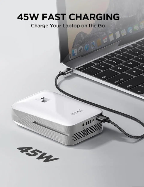 45W USB-C charger powering a laptop, illustrating fast charging capabilities for electronics in 20V 4.0Ah Replacement Lithium Battery Pack