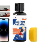 Mobile phone scratch wax with sponge, restores clarity, includes a smartphone image; 40ml bottle and close-up of phone edge.