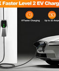 Top Shelf Portable Level One And Two Electric Vehicle Charger Built For SAE J1772 Rides charging a white car with a 20FT cord.
