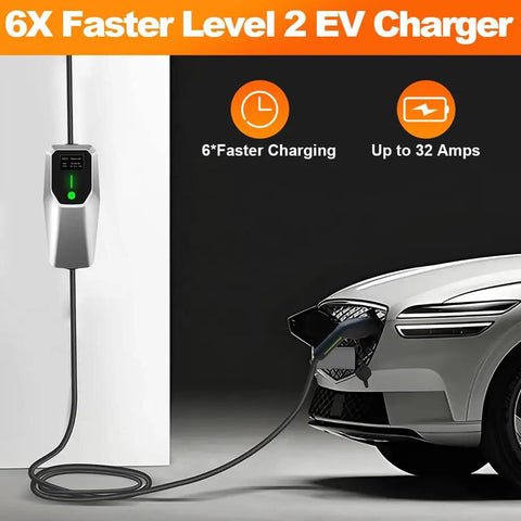 Top Shelf Portable Level One And Two Electric Vehicle Charger Built For SAE J1772 Rides charging a white car with a 20FT cord.