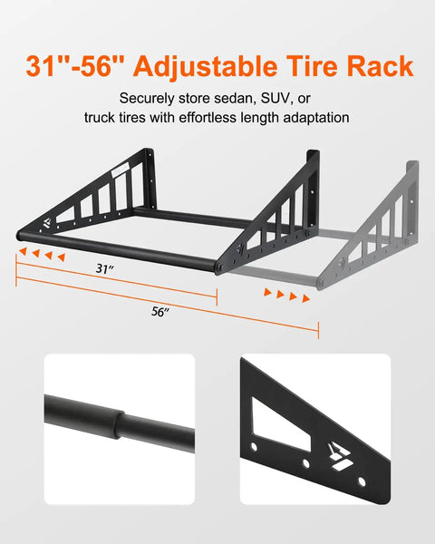 Heavy Duty Steel Wall Mounted Tire Rack Holds Thirty One To Fifty Six Inches Adjustable design for securely storing tires.