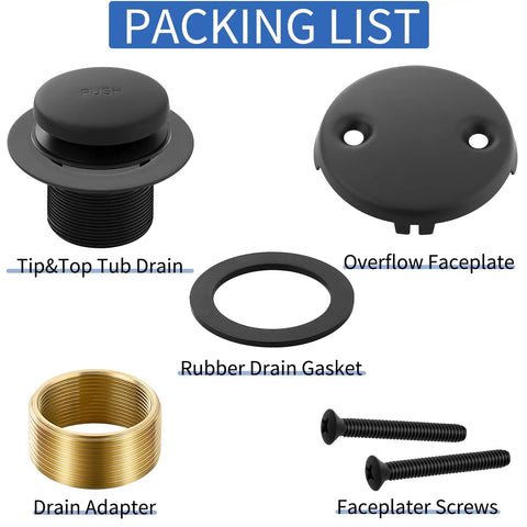 Heavy Duty Solid Brass Tub Drain Kit With Matte Black Finish And Universal Fit For Quick Bathroom Upgrades, includes parts.