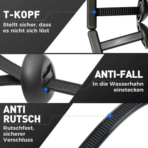 Heavy Duty Universal Cable Tie Buckle With Self Locking Nylon Zip Ties Holder close-up showing T-kopf, anti-fall, anti-rutsch features.