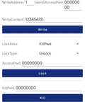 Portable UHF RFID Reader Writer 902 928 MHz app interface for writing RFID tags via Bluetooth on Android device.
