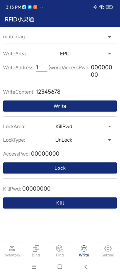 Portable UHF RFID Reader Writer 902 928 MHz app interface for writing RFID tags via Bluetooth on Android device.