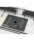 Solid Black Router Table With Precision Height Lift Slick Woodworking Station featuring reinforced steel plate and precise lift details.