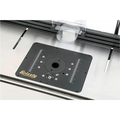 Solid Black Router Table With Precision Height Lift Slick Woodworking Station featuring reinforced steel plate and precise lift details.