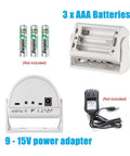 Wireless Indoor Motion Sensor Door Bell battery compartment and power adapter for setup