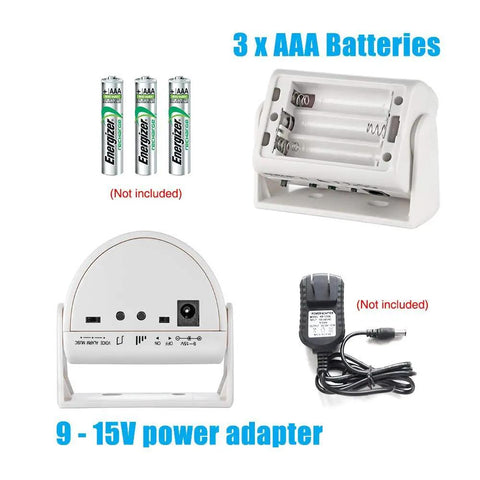 Wireless Indoor Motion Sensor Door Bell battery compartment and power adapter for setup
