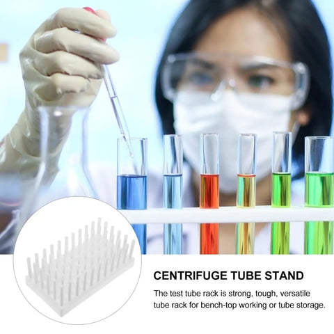 Heavy Duty Test Tube Rack With Peg Drying Layout For Reliable Centrifuge And Microtube Holding Two Pack on a lab bench with colorful liquids.