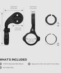 Diagram of Edge Mountain Bike Mount For Garmin GPS Computers with dimensions and parts included: mount, spacers, Allen key.