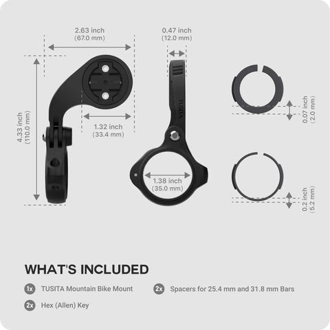 Diagram of Edge Mountain Bike Mount For Garmin GPS Computers with dimensions and parts included: mount, spacers, Allen key.