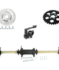 32 Inch Rear Axle Kit For DIY 110cc To 200cc ATVs Quads Go Karts Golf Carts And Drift Trikes With 530 Chain Sprocket 190mm Brake Disc Rotor And Seven Eighths Inch Throttle Control Lever Heavy Duty Live Axle image showing parts and hardware