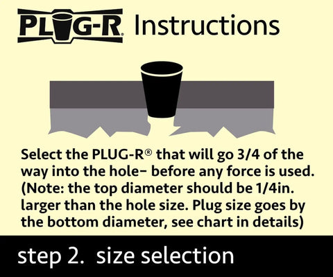 Illustration of step 2 size selection for Plug-R three quarters inch asphalt plugs for driveway and pavement repair.