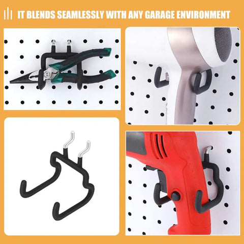 Heavy Duty Black Pegboard Hooks For Garage Tool Storage, Built Tough Steel And Rubber Wall Mounts, Universal Drill Plier Holders, Solid Shop Upgrade To Hang Em All Safely