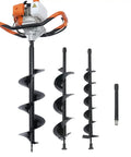 Gas Powered 52cc Earth Auger Post Hole Digger with 12 Inch Extension Bar and 4 Inch 6 Inch and 8 Inch Bits displayed vertically.
