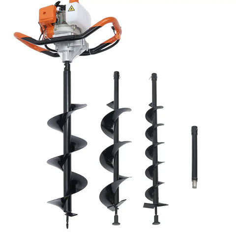 Gas Powered 52cc Earth Auger Post Hole Digger with 12 Inch Extension Bar and 4 Inch 6 Inch and 8 Inch Bits displayed vertically.