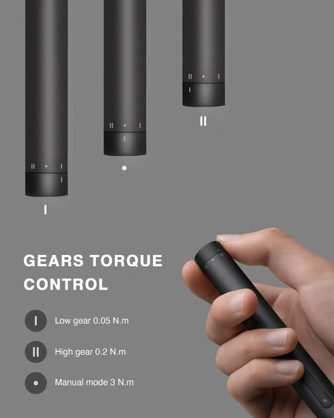 Hand holding Pro Grade Electric Precision Screwdriver with torque control, all-metal gearbox, and magnetic motor.