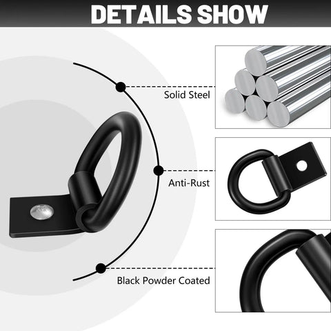 Heavy Duty D Ring Tie Down Anchors six pack, solid steel, anti-rust, black powder coated for truck bed and trailer use.