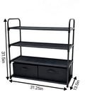 Four Shelf Closet Storage Rack Featuring Two Removable Fabric Storage Boxes Zero Sweat Metal Frame Assembly Black organizer with dimensions 31.25in x 31.5in x 13.5in.