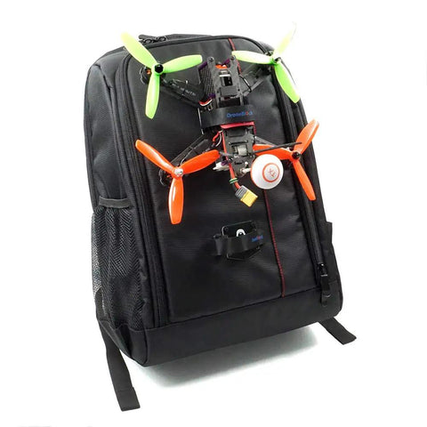 Backpack Mount Kit For FPV Drones, 2 Pack Lock Mounts And Plug In Bundle showing quadcopter attached to backpack