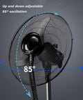 Heavy Duty Outdoor Misting Floor Fan With Three Speed Settings And Wide Swing showing adjustable 85° oscillation for cooling.