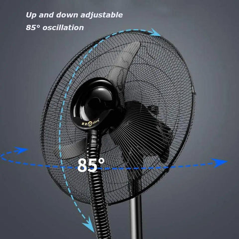 Heavy Duty Outdoor Misting Floor Fan With Three Speed Settings And Wide Swing showing adjustable 85° oscillation for cooling.