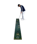 Man using Golf Putting Training Mat 10 Foot Long With Visual Alignment Aids Stroke Amplitude Guide Eye Position Tips