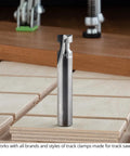Top Shelf T Slot Router Bit Set With Half Inch Shank crafted for sharp track saw clamp grooves positioned on workbench.