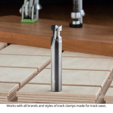 Top Shelf T Slot Router Bit Set With Half Inch Shank crafted for sharp track saw clamp grooves positioned on workbench.