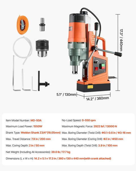 Powerful 1550W Magnetic Drill Press With 0-550 RPM Variable Speed, 2 Inch Core Drilling Capacity, tool and accessories displayed