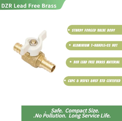 Half Inch PEX Ball Valve With Quarter Turn T Handle Shutoff DZR Lead Free Brass Mini Barb Valve For Half Inch PEX Tubing