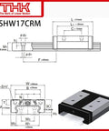 Diagram and image of SHW17 Linear Carriage Block for smooth motion and low noise, pro-grade steel, compatible with CNC and 3D printers.