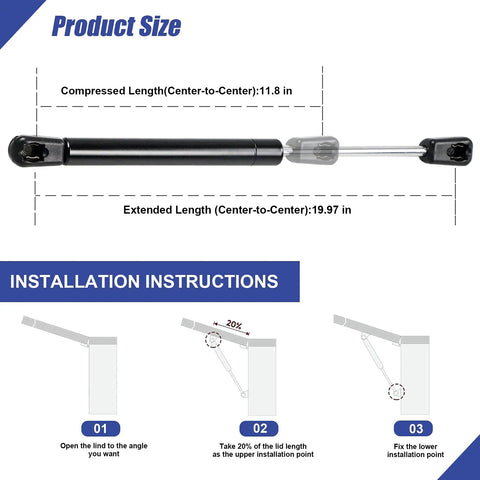 20 Inch 60 Lb Gas Lift Support for safe lid opening with hydraulic piston, showing dimensions and installation instructions.