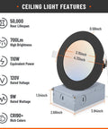 LED ceiling light features with dimensions, lifecycle, lumens, voltage, and CRI. Two Pack 6 Inch Recessed LED Light Kit With Junction Box Dimmable 2700K 3000K 4000K 5000K 6000K Five Color Temperatures 15W 1200 Lumen Ultra Thin ETL Energy Star Certified.