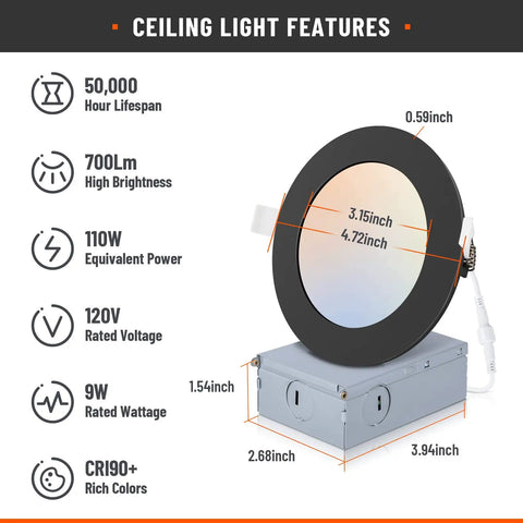 LED ceiling light features with dimensions, lifecycle, lumens, voltage, and CRI. Two Pack 6 Inch Recessed LED Light Kit With Junction Box Dimmable 2700K 3000K 4000K 5000K 6000K Five Color Temperatures 15W 1200 Lumen Ultra Thin ETL Energy Star Certified.