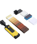 Wood Floor Repair Kit With 11 Color Matching Wax Sticks, tool, sponges, cloths for fixing scratches on wood surfaces.