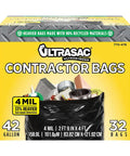 Beefy Extra Heavy Duty Contractor Trash Bags, 42 Gallon, 4 Mil Thick, 33 By 48 Inches, 32 Pack With Ties packaging box